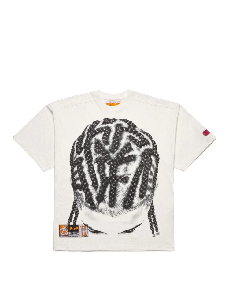 PDF T-shirt The Boy Braid Bianca - T-shirt bianca in cotone con maxi grafica frontale di treccine e patch logo