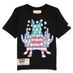 PDF T-shirt Skinny Barti Cagnaccio Nera - Maglia in cotone nero con grafica cane e bandiera americana e baby fit