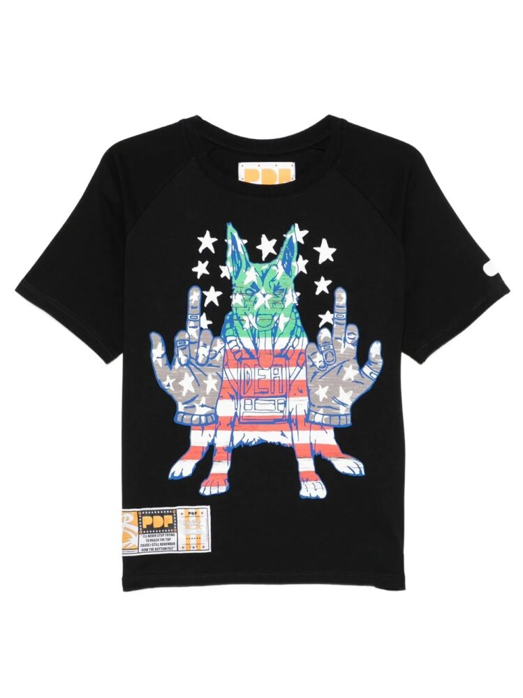 PDF T-shirt Skinny Barti Cagnaccio Nera - Maglia in cotone nero con grafica cane e bandiera americana e baby fit